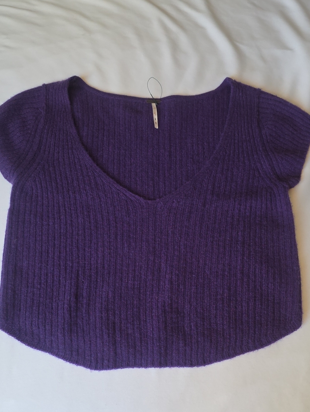 Free People Cashmere Purple Ribbed V-Neck Short Sleeve Sweater Top